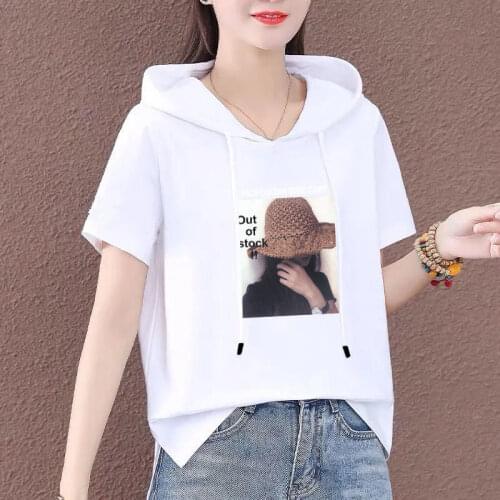 2021Women Summer Sweat Shirt New Loose Large Size Cotton Sweat Shirt Ladies Hooded Short Sleeve Tops T-shirt Thin Top Lady D943