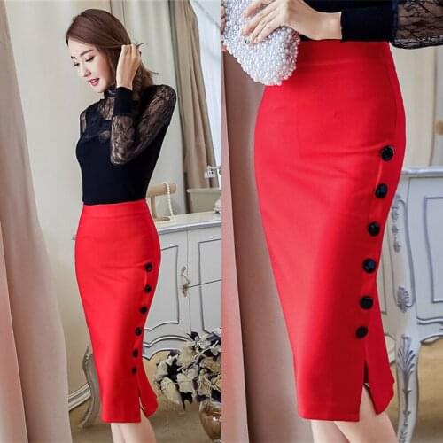 Plus Size New Fashion 2019 Women Skirt Slim OL Sexy Open Slit Button Slim Pencil Skirt Elegant Ladies Skirts 2 Colors