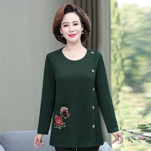 Womens spring t-shirt fashion long sleeves pullover elegant mom top female O neck loose Plus size t-shirt woman Embroidered top