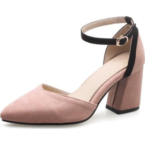 Plus Size 32-46 Women High Heels Sandals Buckle Summer Shoes Flock Women Sexy Pointed Toe Casual Party Wedding Womens Shoes