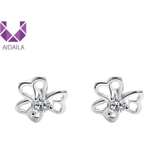 Women Stud Earrings 100% 925 Sterling Silver Flower Shape Leaves Clear AAA Cubic Zircon Party Fine Jewelry Gift EY00178