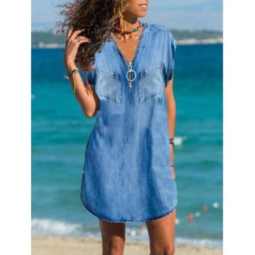 Fashion Retro Women Denim Zipper Dress Casual V Neck Loose Solid Short Sleeve Mini Dress Elegant Button Pocket Shirt Party Dress