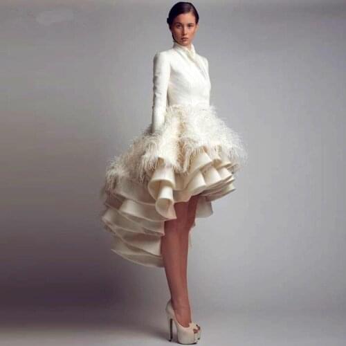 High Low A-line Feather Prom evening gown with Long Sleeves Short Vestido de Festa 2018 mother of the bride dresses