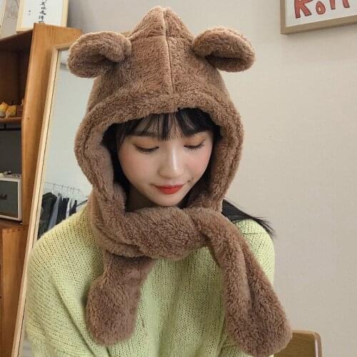 Cute Lovely Lady Women Girls Female Cap Hat scarf gloves one 1 piece set autumn winter warm wool plush thickened cycling ear