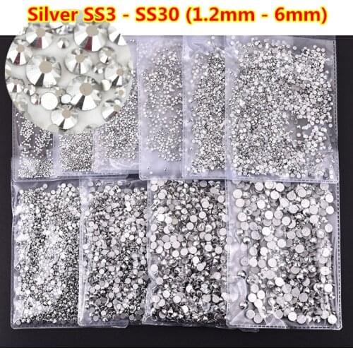 1440pcs ss6 Mine Silver Non Hotfix Rhinestones Mix sizes Flatback Glass Crystal Nail Art Decorations Nail Loose Strass for DIY