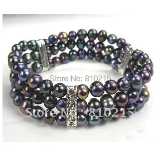3Rows Black Baroque Cultured Freshwater Pearl Bracelet 7inch Fashion Jewelry Wholesale Beautiful Womens Gift New Free Shipping