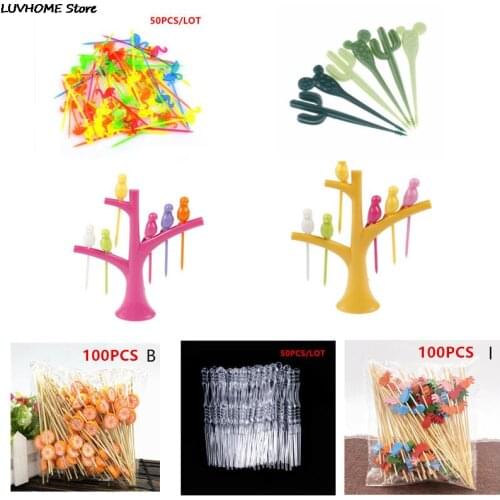 6/50/100pcs Mini Plastic Fruit Fork Tree Birds Dessert Fork Set Vegetable Food Cocktail Picks Dinnerware Food Decor for Kids