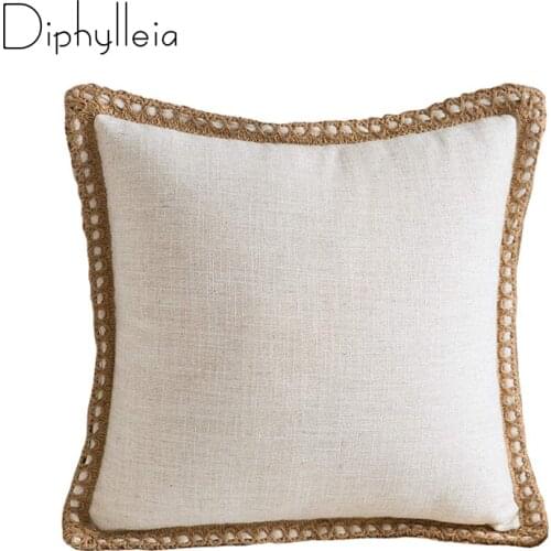 Diphylleia Jute Trimmed Pillow Case Linen Floured Nordic Light Luxurious Cushion Cover Square Cushion Case Multicolor Selection