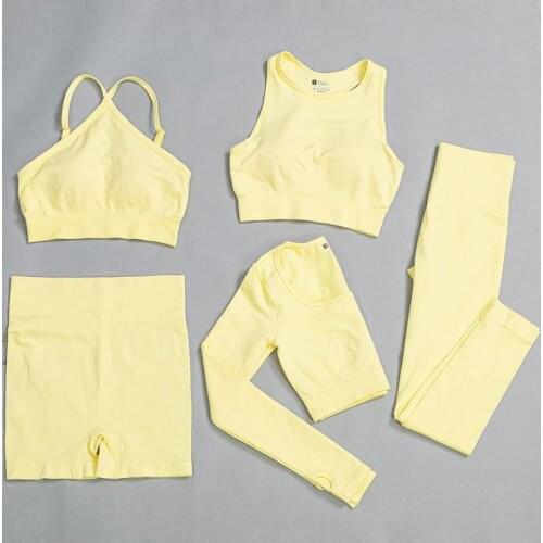 5PCS Seamless Yoga Set Women Workout Clothing Tracksuit High Waist Fitness Legging Sports Bra Crop Top Shirt Gym Sports Suit