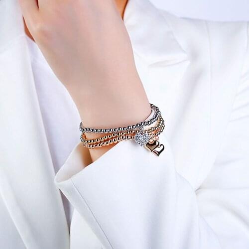 Fashion Rhinestone Heart Crystal Charm Bracelets & Bangles Gold Silver Color Beads Pendants Women Ladies Bracelets 3Pcs/Set
