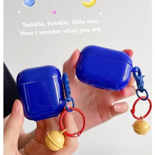 Cartoon Cute Blue Earphone Case with Bells Keyring for AirPods 2 Pro Air Pods 3 Cases Headset Charging Box Accessories Funda