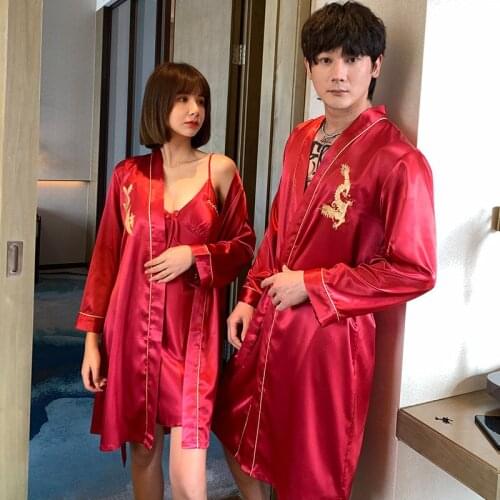 New Products Couples Robe Mens Womens Dragon & Phoenix Embroidered Robe Model Silk Set Womens Robes Sweet Couples Pajamas