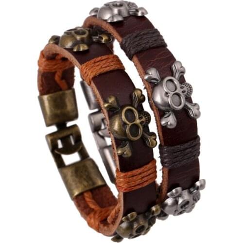 Vintage Punk Skull Charm Leather Cuff Bracelet Alloy Skeleton Rope Wax Cords Chain Buckle Bangle Wrap Wristbands Fashion Jewelry
