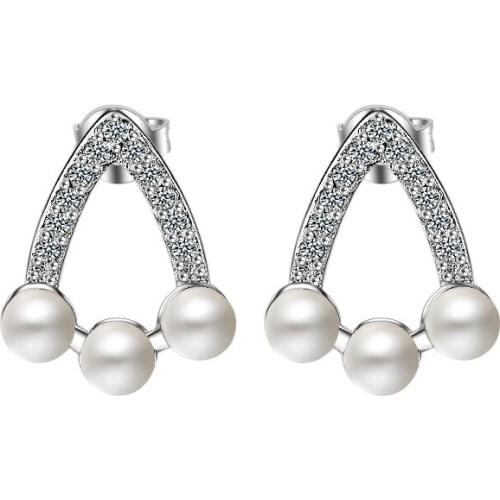 Wholesale Fashion Jewelry 2017 New Shiny Zircon Pearl Design 925 Sterling Silver Stud Earrings for Women Jewelry Christmas Gift