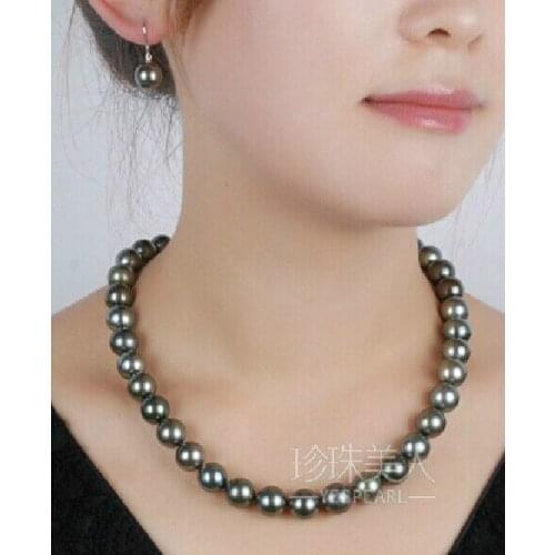 Stunning 9-10MM NATURAL TAHITIAN BLACK GREEN PEARL NECKLACE earring
