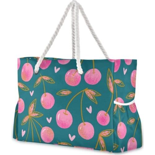 Sweet Red Rip Cherry Berries On Green Shopping Bag Ladies Shoulder Bag Foldable Shopping Bag Fashion Nylon Beach Bag Handbag