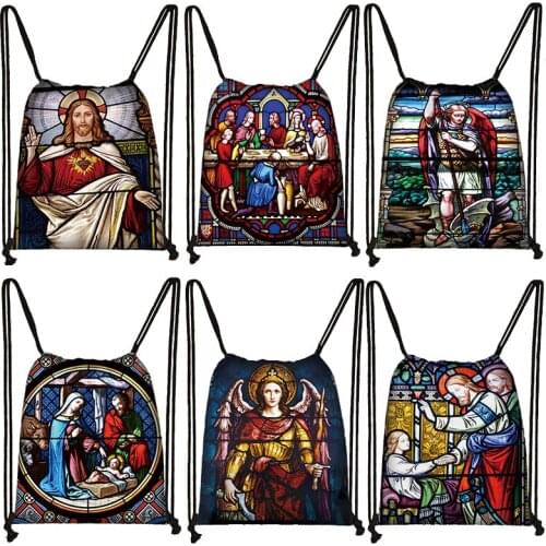 Vintage painting Jesus Print Bundle pocket Woman Drawstring Bag Leisure Storage Bags Teenager Backpack Angel Print Schoolbag