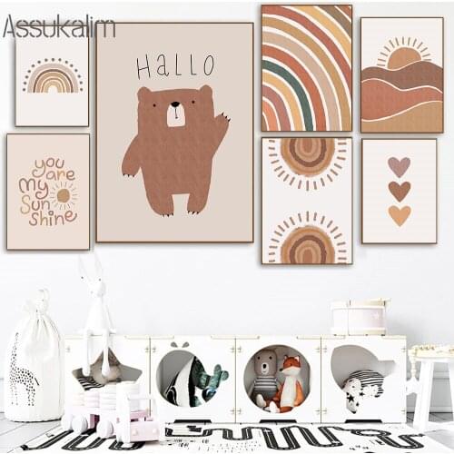 Sun Rainbow Art Print Nursery Wall Art Canvas ABC Poster Fox Whale Prints Kids Boho Wall Pictures Baby Room Decoration Paintings