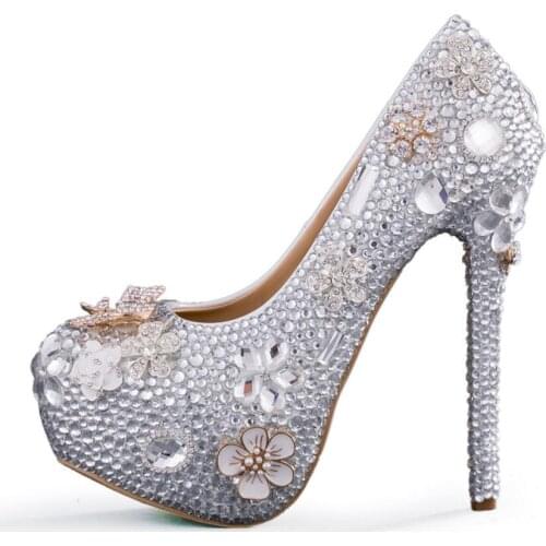 8CM11CM14CM. crystal Wedding shoes white Rhinestone Bride silvery High-heeled shoes Party dress shoes