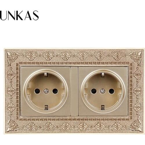 UNKAS 4D Embossing Retro Zinc Alloy Panel Wall Power Socket AC 110~250V Gold Colorful 16A Double EU Standard Power Socket
