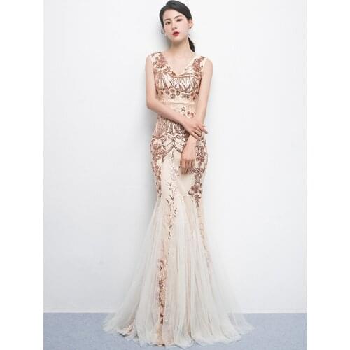 Champagne Gold Sequins Embroider Evening Dress Elegant Mermaid Tulle Formal Robes V Neck Sleeveless Prom Gowns XUCTHHC Robe De