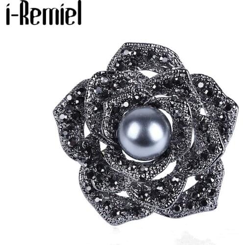 High Grade Retro Black Flower Brooch Pearl Rhinestone Badge Collar Pins Scarf Buckle Corsage Gifts for Women Jewelry Accessories