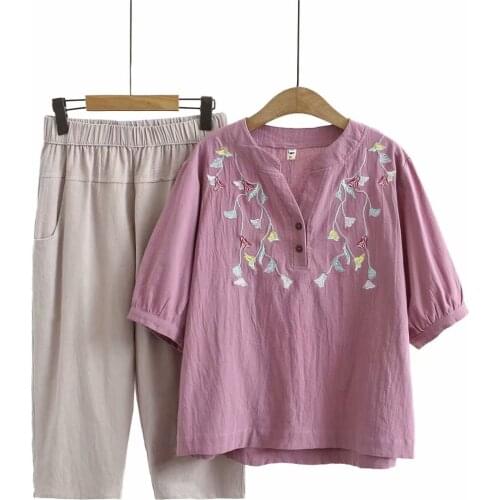 Plus size short sleeve V-Neck Embroidery tshirts and Khaki pants women sets 2021 new summer casual cotton ladies 2 pieces female