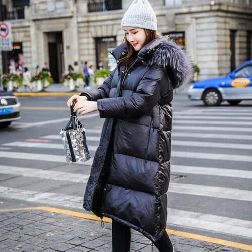 Winter 2019 new style fashion down jacket black long style white duck down women jackets raccoon big collar thicker warm clothes