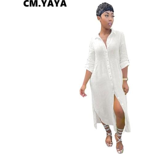 CM.YAYA Women Long Dress Solid Half Sleeve Turn-down Collar Single Breasted Loose Straight Maxi Dresses Fashion Outfit Summer