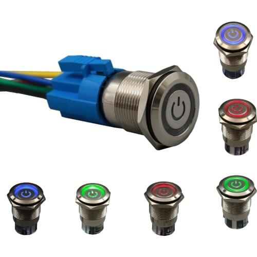 1Pcs 19mm 12V 5Pin Red/Green/Blue LED Power Symbol Metal Momentary/Maintained Push Button Switch