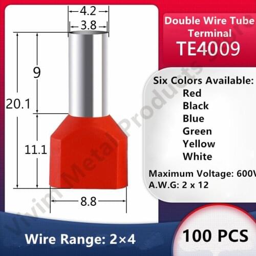 100PCS TE4009 Double Pipe 0.5~6.0² Cold Pressed End Double Wire Tube Shaped Insulated Tubular Terminal