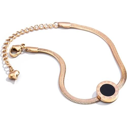 316L Stainless Steel Rose Gold Titanium Steel Black Enamel Roman Numeral Bracelet Round Beads Snake Bone Bracelet