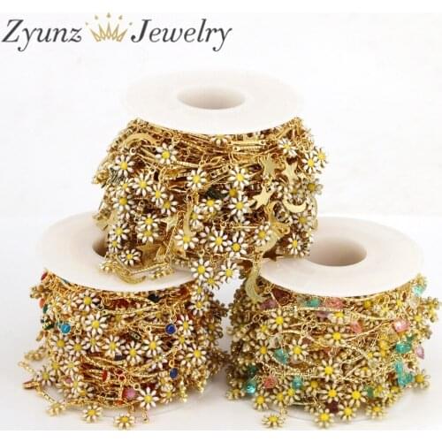 5 Meters, Gold Color Daisy Charm Chain Gold Plated Enamel Flower Chains for Necklace Bracelet Earrings DIY Jewelry Making