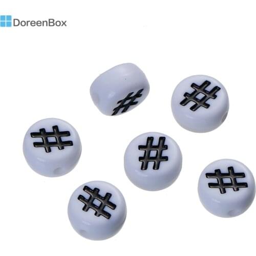 Doreen Box Acrylic Spacer Beads Round White " # " Pattern Black Enamel About 7mm( 2/8") Dia, Hole: Approx 1.1mm, 300 PCs