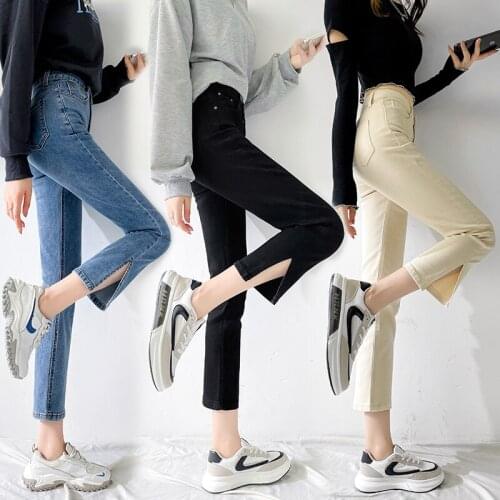 Jeans Womens Straight Smoke Pipe Slit High Waist Was Thin Nine Points Loose Womens Pants Trendy