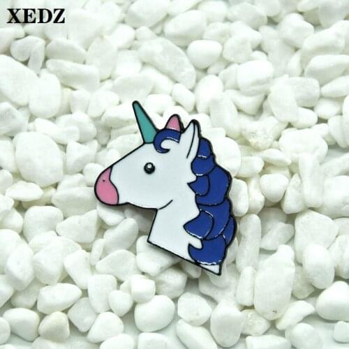 XEDZ blue hair unicorn enamel pin cartoon animal pushpin romantic men and women jewelry punk lapel brooch gift for children