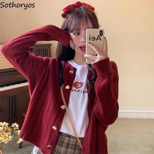 Cardigan Women Solid Striped Knitted Love-shaped Button Autumn O-Neck Long Sleeve Chic Fashion Ulzzang Retro Elegant Harajuku