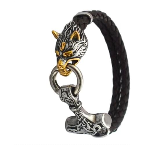 Nordic Viking Thors Hammer Leather Bracelet Stainless Steel Two-color Wolf Totem Belief Energy Bracelet Men and Women Jewelry