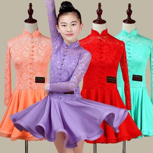 Girls Lace Latin dancing dress Kids Ballroom Salsa Dance wear Outfits Childrens Party Stage wear costumes Long/short sleeve