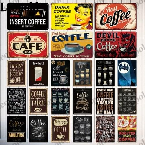 Metal Poster Coffee Cup Series Image Hand-Held Coffee English Alphabet Spray Paint Dining Bar Cafe Kitchen Wall Decoration
