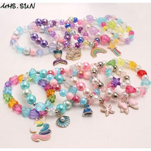 MHS.SUN 3PCS Kids Baby Charm Rainbow/Unicorn/Bowknot Pendant Bracelet Handmade Beaded Bangles Elastic Jewelry For Party Gift