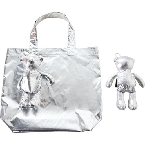 New Silver Bear Waterproof coating Reusable Portable Should Pocket Shopping Bag Eco-friendly Folding Handbag Grocery Fold Bag