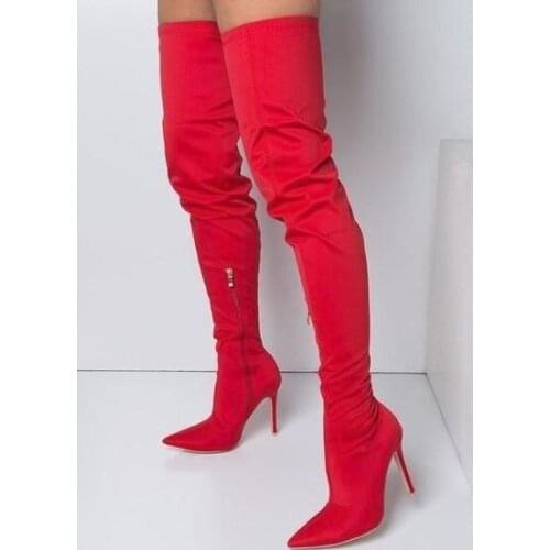 Newest Red Suede Over The Knee Tight High Boots Pointed Toe Zipper Ladies Runway Boots Slim Fit High Boots Customized Plus Size