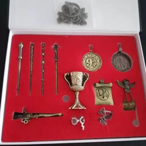 New Harried Magic wand Ring set box 3D Metal Badge Seal Potters Sets Hermione Hourglass necklace Keychain Box Toy Birthday Gift
