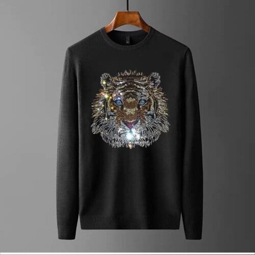 New Arrival Street Slim Mens Sweater Rhinestone Personality European Knit Thickening Long Sleeve Winter Keep Warm Animal Style