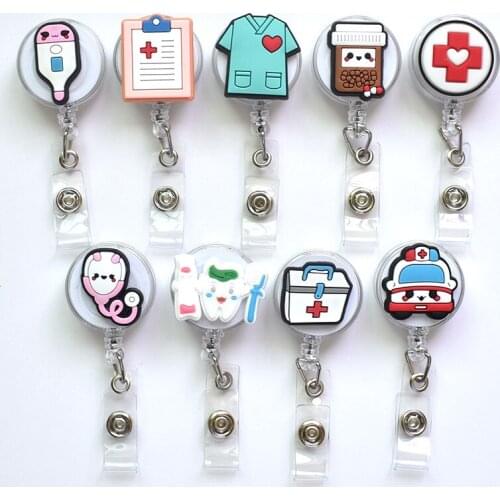 Wholesales 30 Pieces High Quality Silicone Retractable Hospital Nurse Badge Holder Reel Cute Cartoon ID Card Holder Keychains