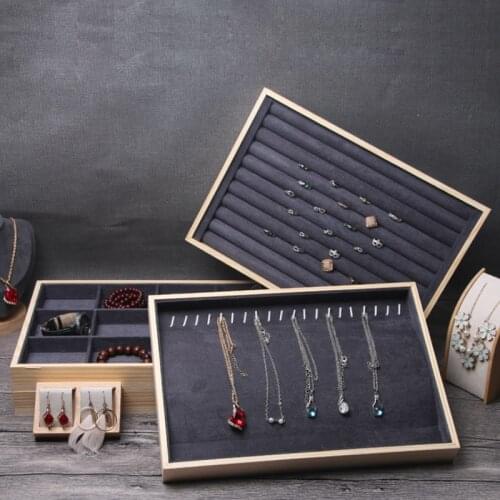 Deep Gray Suede Nap Fabric Necklace Ring Jewelry Tray Jewellery Box Organizer Wooden Earrings Rangement Packaging Wholesale