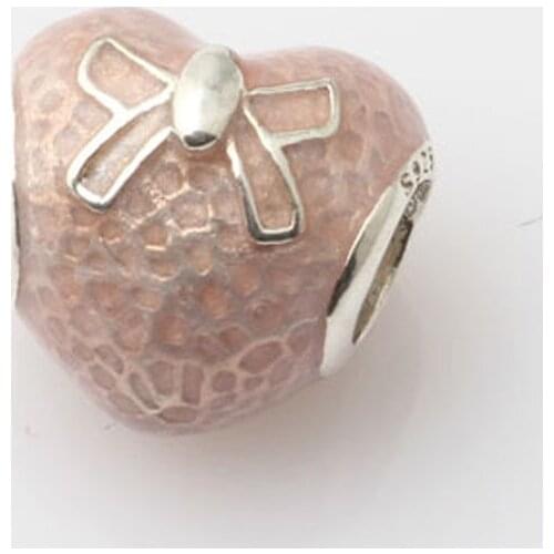Authentic S925 Silver Bead Charm Pink Bow & Lace Heart With Pink Enamel Beads fit Lady Bracelet Bangle DIY Jewelry
