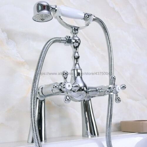 Polished Chrome Bathroom Shower Faucet Bath Faucet Double Cross Handles With Hand Shower Head Set Deck Mounted Nna129