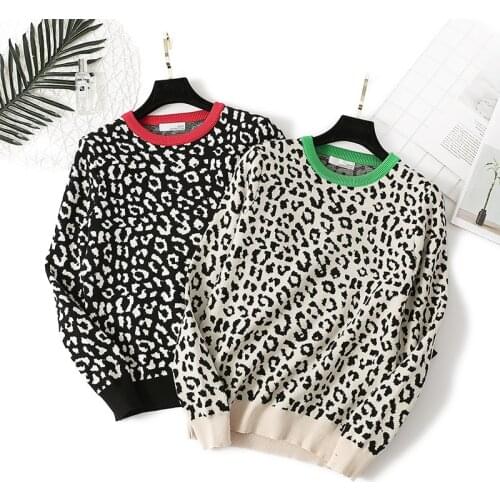 2020 Autumn Women O-Neck Pullovers Leopard Print Women Vintage Sweater Knitting Women Winter Sweater Femme Pull Femme